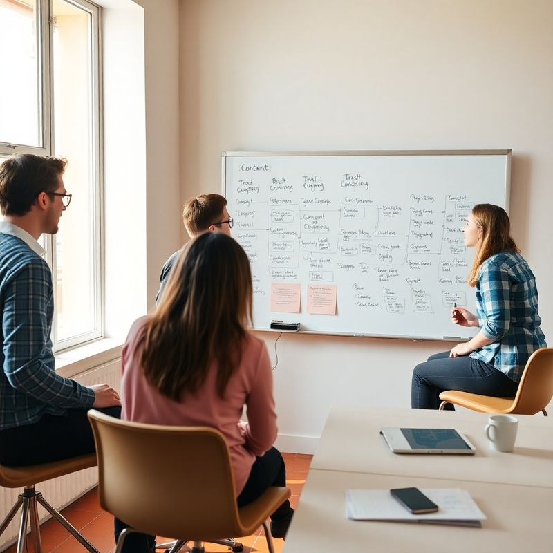 Equipo de consultoría B2B colaborando alrededor de una pizarra con diagramas de flujo editorial