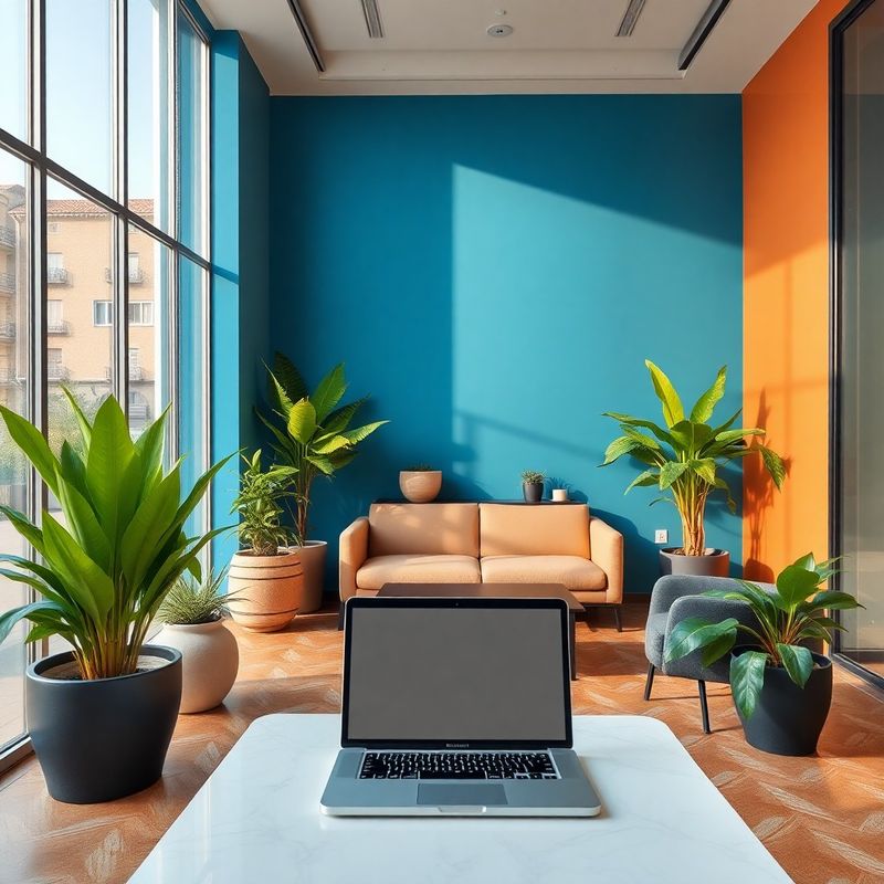 Sala de reuniones moderna con pared azul en una oficina de Barcelona